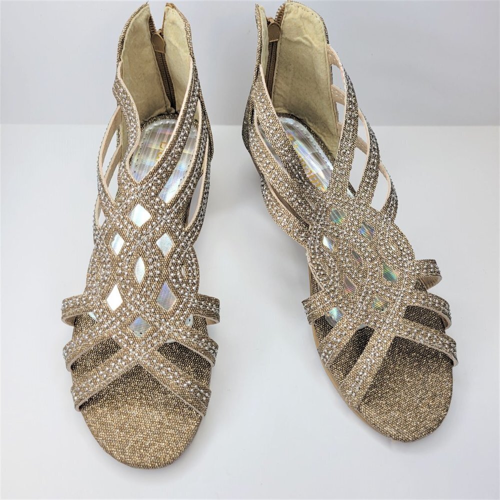 SIZE 6 Womens Gold Glitter Shoes Wedge Sandals Low Heels Flats Open Toe - NEW